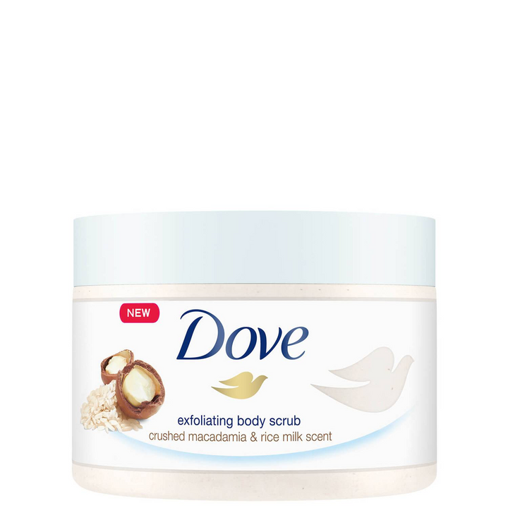 Dove Exfoliating Body Scrub – Crushed Macadamia & Rice Milk.