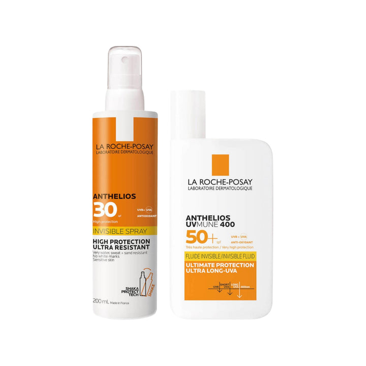 La Roche-Posay Anthelios UVMune 400 Invisible Fluid and Body Mist SPF 50+ duo on white background