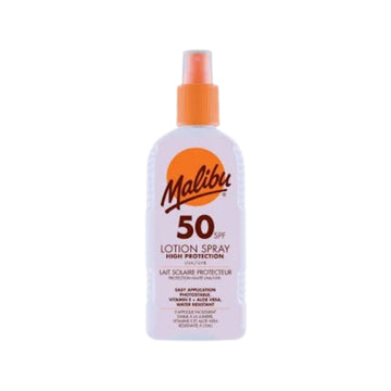 Malibu SPF 50 Lotion Spray 200ml on white background
