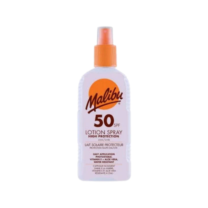 Malibu SPF 50 Lotion Spray 200ml on white background