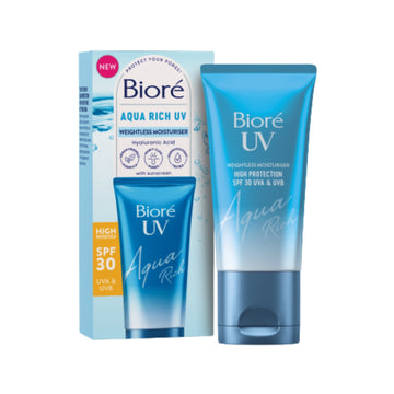 Biore UV Aqua Rich Weightless Moisturiser SPF 30 tube and box on white background