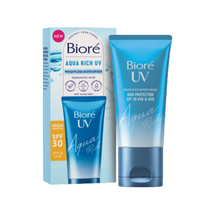 Biore UV Aqua Rich Weightless Moisturiser SPF 30 tube and box on white background
