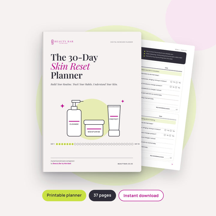 The 30-Day Skin Reset Planner by Beauty Bar by Maridadi, a printable skincare routine and habit tracker