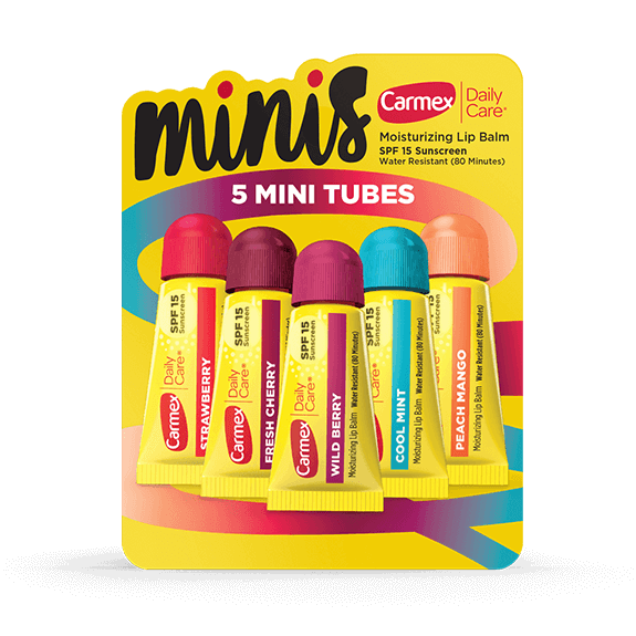 Carmex Daily Care Minis Moisturizing Lip Balm Tubes with SPF 15, Strawberry, Cool Mint, Wild Berry, Peach Mango and Fresh Cherry Lip Balm Pack