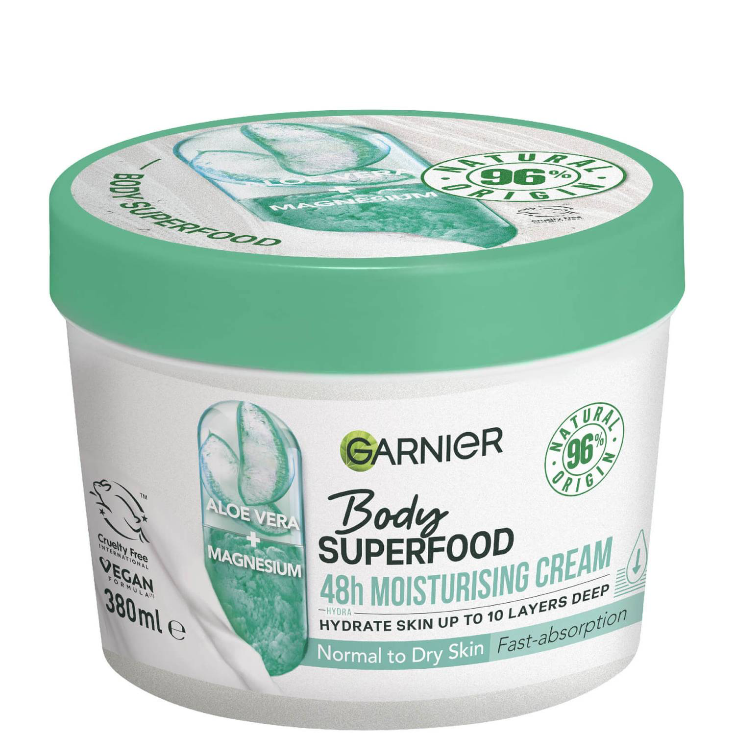 Garnier Body Superfood, Crème Corps Hydratante et Apaisante, Aloe Vera et Magnésium 380 ml