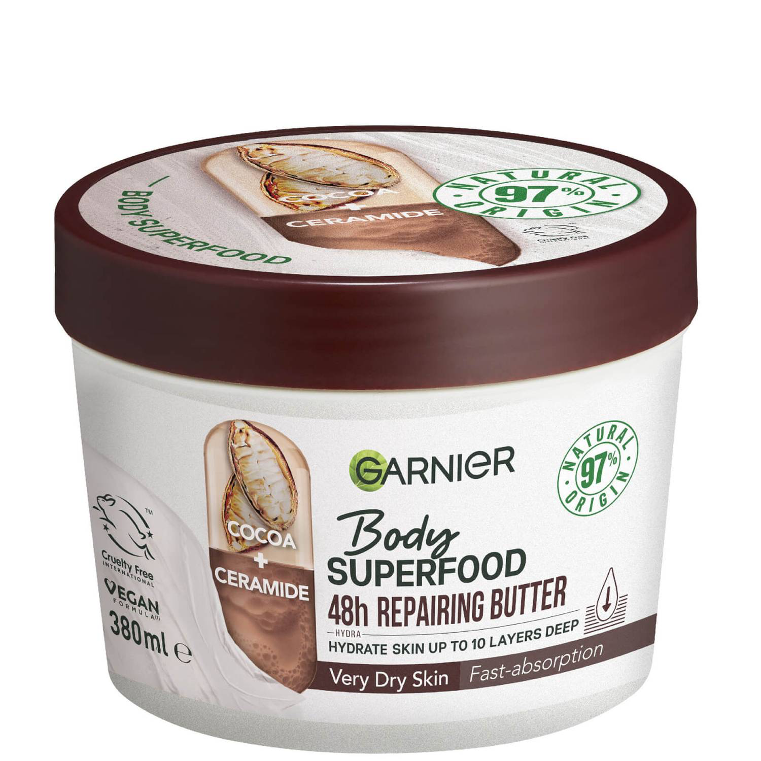 Garnier Body Superfood, Beurre corporel réparateur, Cacao et Céramide, 380 ml