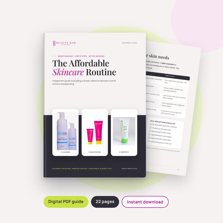 The Affordable Skincare Routine ebook cover by Beauty Bar by Maridadi, a beginner skincare PDF guide for Kenya