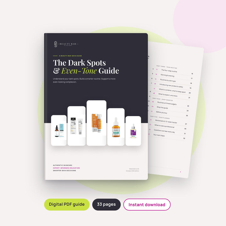 Dark Spots and Even-Tone Guide ebook cover by Beauty Bar by Maridadi, a skincare PDF guide for post-acne marks