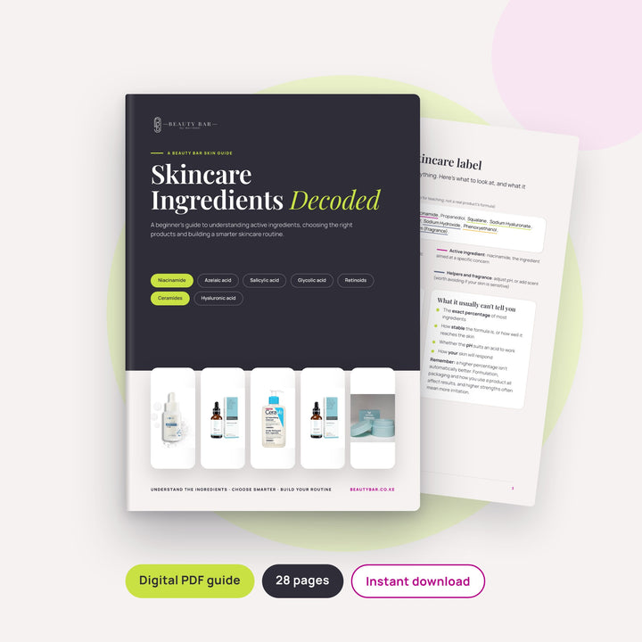 Skincare Ingredients Decoded ebook cover by Beauty Bar by Maridadi, a beginner guide to niacinamide, azelaic acid and retinol